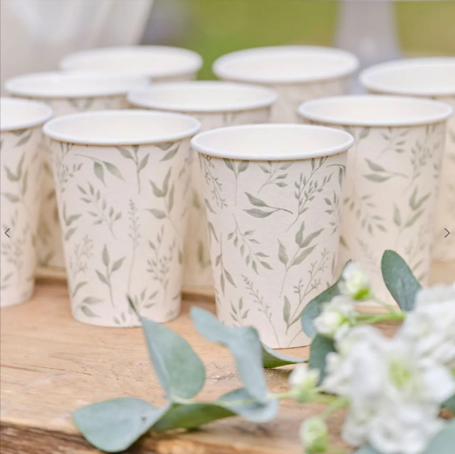 White & Green Botanical Christening Paper Cups - 266ml (8pk)