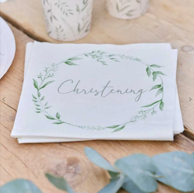 White & Green Botanical Christening Paper Napkins - 33cm (16pk)