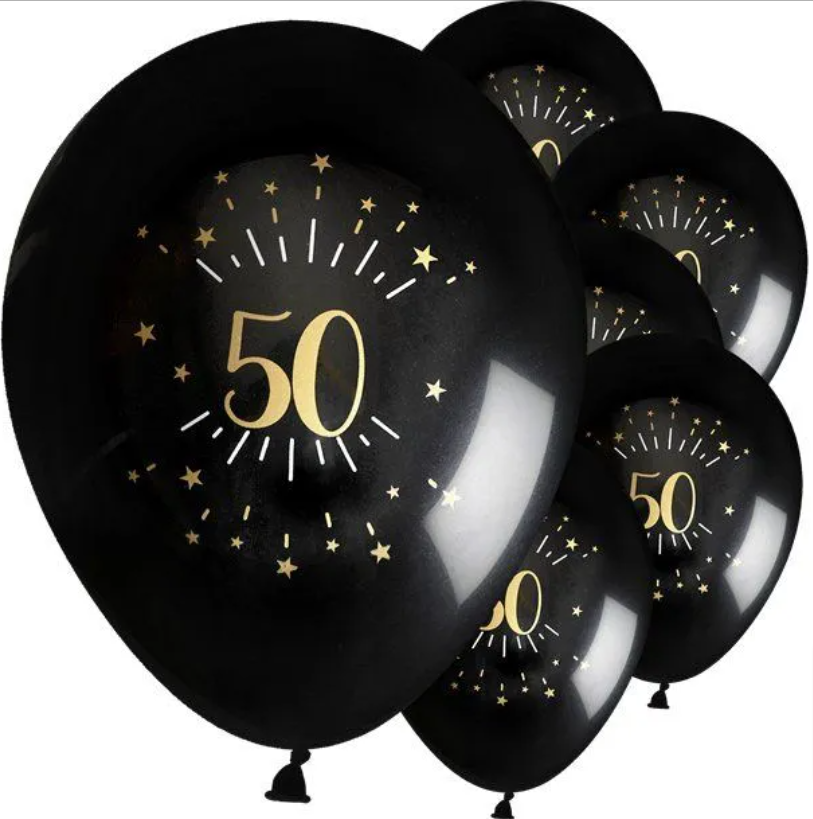 Sparkling Black & Gold 50th Balloon - 11" Latex (6pk)