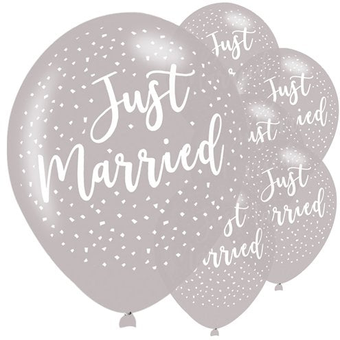 Just Married Silver Latex Balloons - 11"