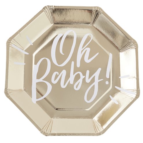 'Oh Baby!' Gold Foiled Paper Plates - 25cm - 8pk